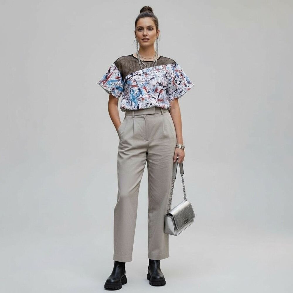 Sachin & Babi Splatter Print Mesh Top Size S Designer Short Sleeve Zip Back
